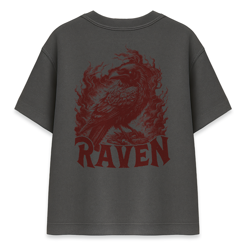 Kırmızı Kuzgun RAVEN Baskılı Füme Oversize Tişört