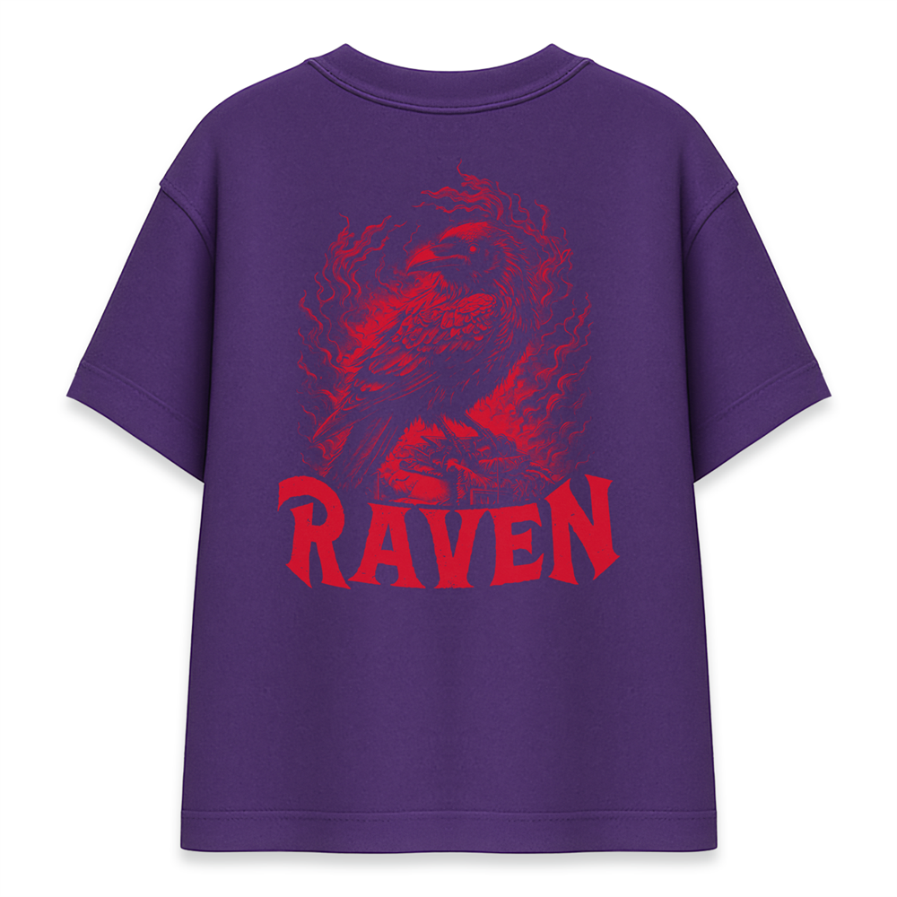 Kırmızı Kuzgun RAVEN Baskılı Mor Oversize Tişört