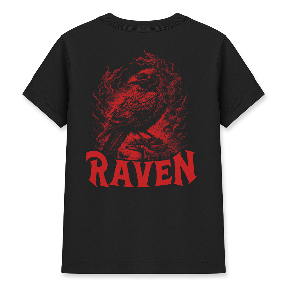 Kırmızı Kuzgun RAVEN Baskılı Siyah Basic Tişört