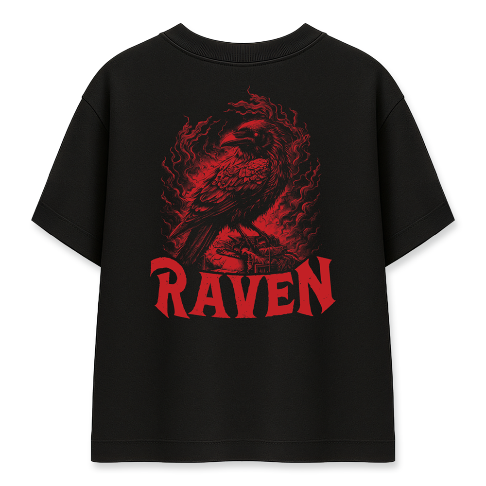 Kırmızı Kuzgun RAVEN Baskılı Siyah Oversize Tişört