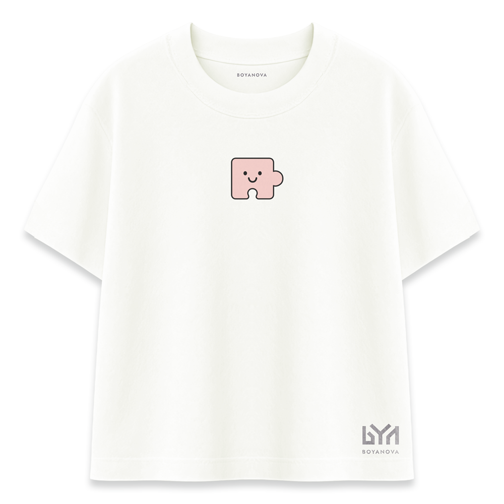 Pembe Yapboz Parçası Karakterli Ekru Oversize Tişört