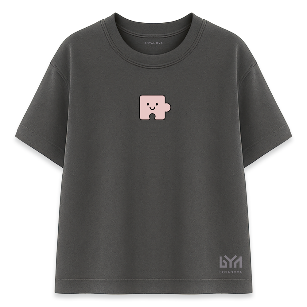 Pembe Yapboz Parçası Karakterli Füme Oversize Tişört