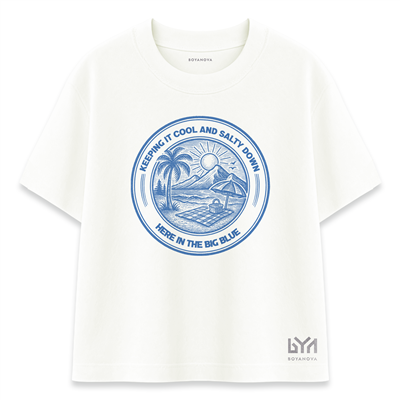 Big Blue Manzara Yuvarlak Logo Ekru Oversize Tişört