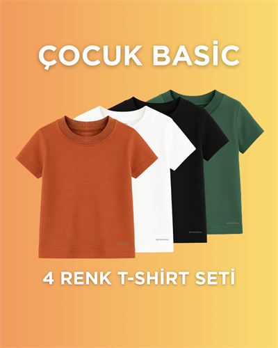 Çocuklar İçin 4 Renk Tişört Seti – %100 Pamuk – Siyah Beyaz Yeşil Kiremit