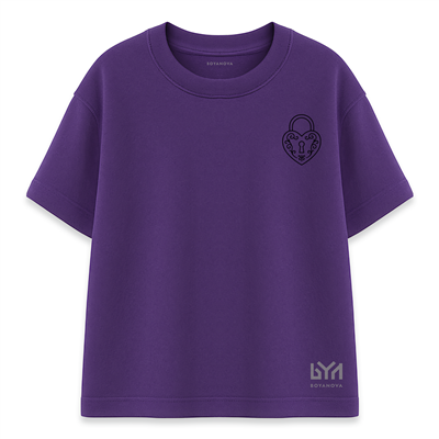 Kilitli Kalp Minimal Baskılı Mor Oversize Tişört