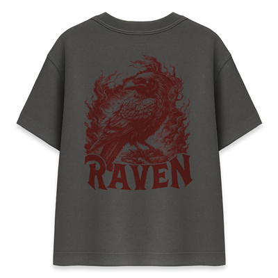 Kırmızı Kuzgun RAVEN Baskılı Füme Oversize Tişört
