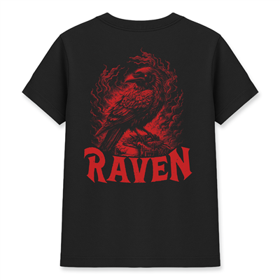 Kırmızı Kuzgun RAVEN Baskılı Siyah Basic Tişört