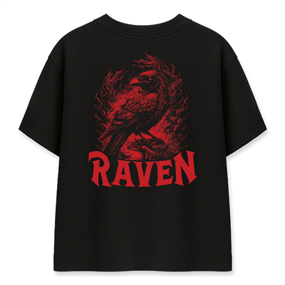 Kırmızı Kuzgun RAVEN Baskılı Siyah Oversize Tişört