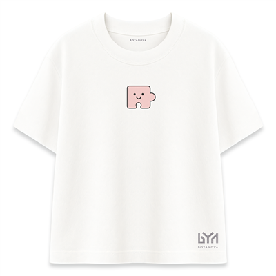 Pembe Yapboz Parçası Karakterli Beyaz Oversize Tişört