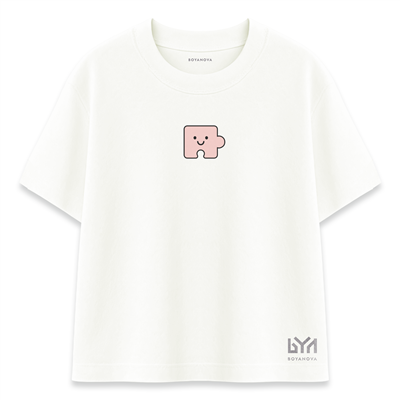 Pembe Yapboz Parçası Karakterli Ekru Oversize Tişört