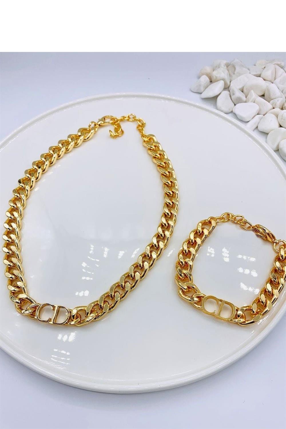Altın Renk Kombin Cd Harfli Christian Dior Model Kalın Zincir Kolye Bileklik Set