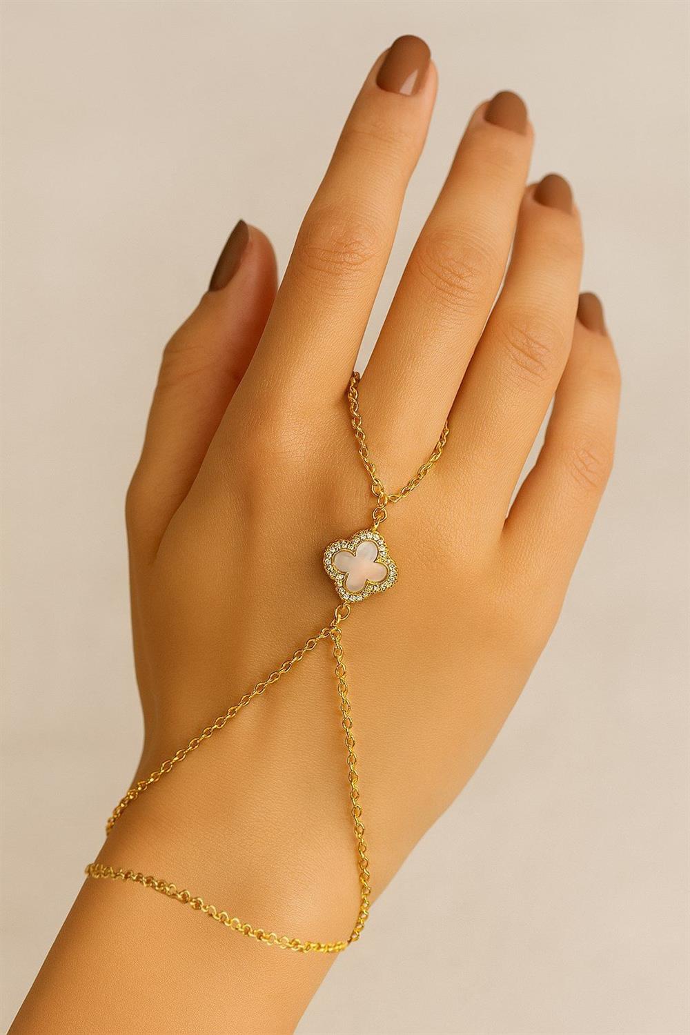 Altın Renk Van Cleef Çift Yönlü Önü Beyaz Arkası Siyah Yonca Zincir Çelik Şahmeran