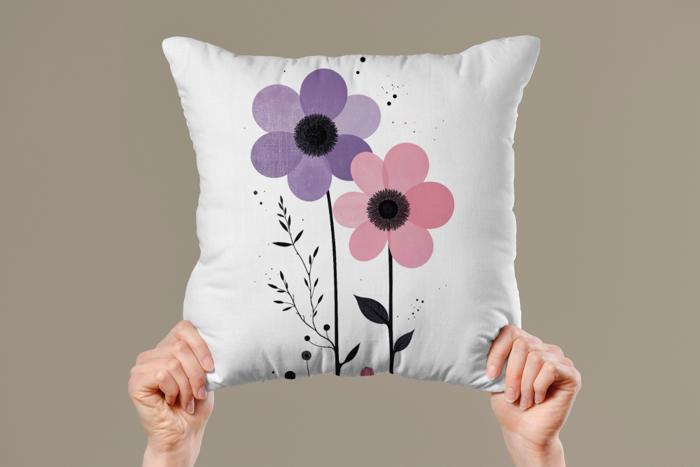 CBT Pembe Lila Çiçekli Dekoratif Yastık - Kırlent Kılıfı