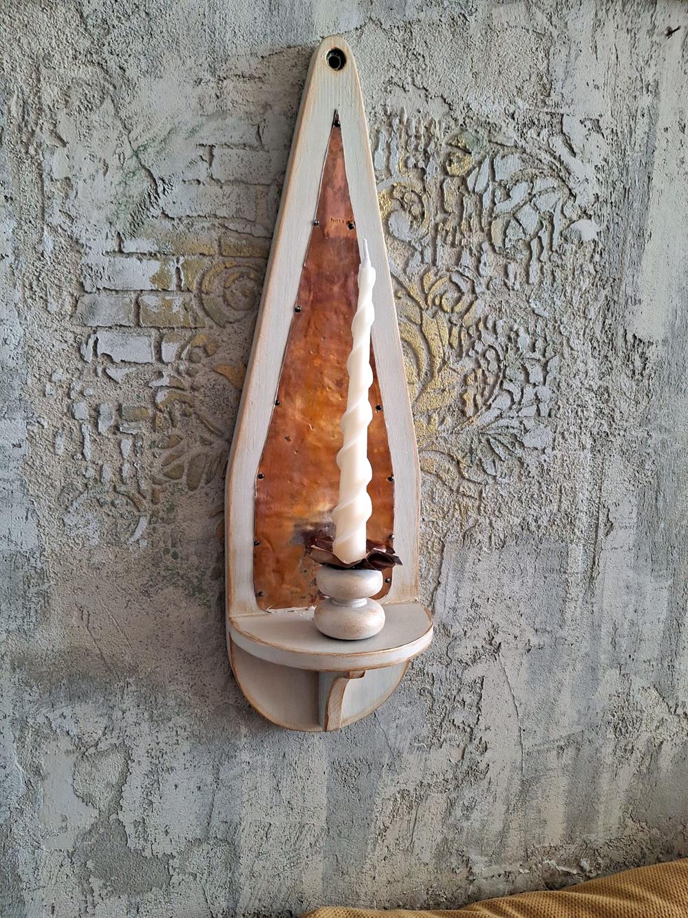 El Yapımı Rustik Ahşap Ve Bakır Duvar Lambası-Vintage Dekoratif Mumluk