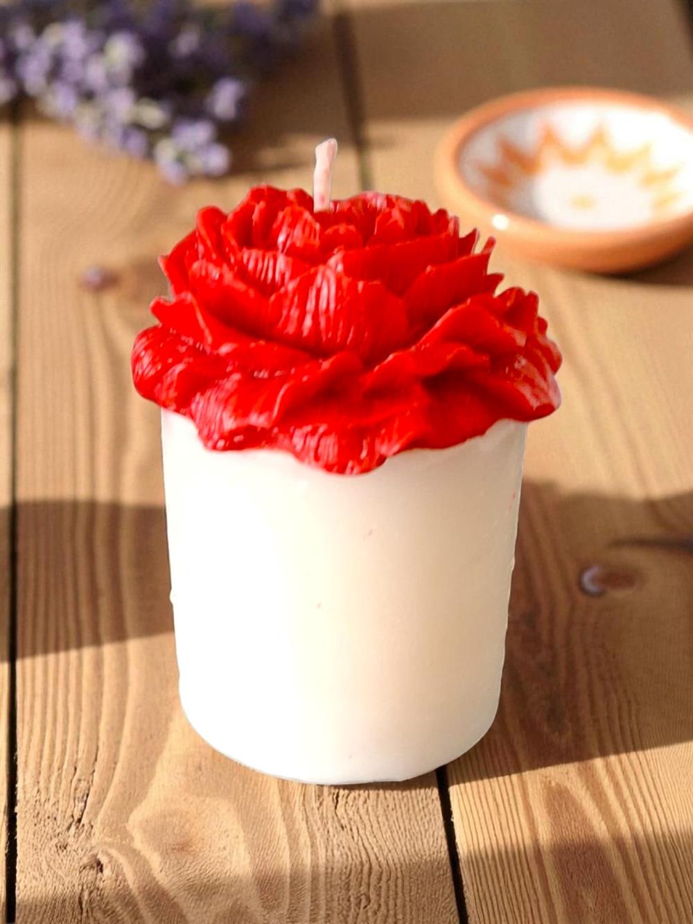 Kırmızı Şakayık Detaylı Silindir Mum