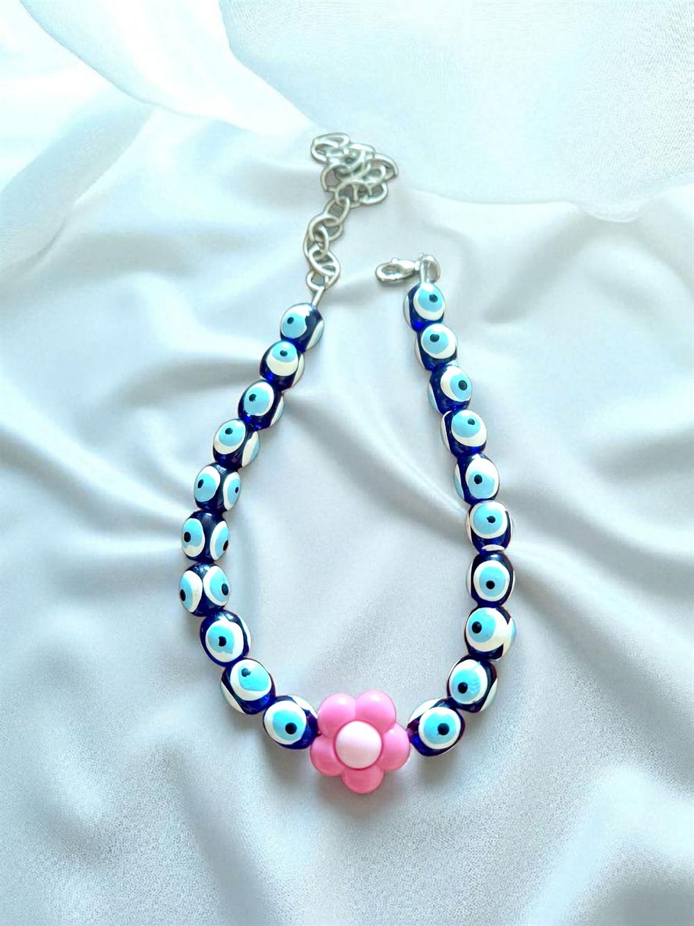 Nazar Boncuklu Pembe Çiçekli Tasarım Kedi-Köpek Tasması