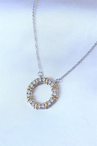 316l Çelik Gümüş Renk Zirkon Taşlı Gold Detay Xoxo Kadın Kolye - Tj-bko7459