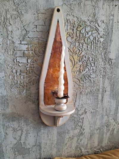 El Yapımı Rustik Ahşap ve Bakır Duvar Lambası-Vintage Dekoratif Mumluk