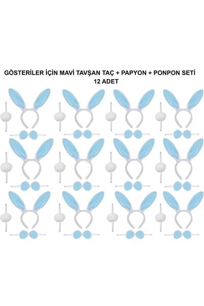 Mavi Tavşan Kostüm Seti Taç, Papyon, Ponpon (12 li Paket)