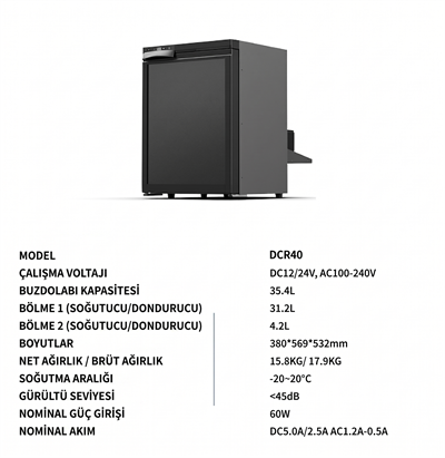 CNB-DCR40 DEMMONDemmon 40 LT Karavan Tipi Gömme Buzdolabı - 12V/24V Profesyonel Yerleşik Seri