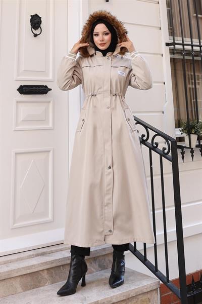 Arma Detaylı Kapşonlu Mont Bej 19268