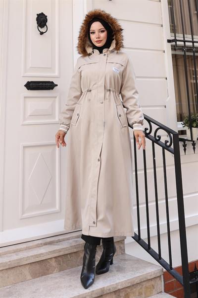 Arma Detaylı Kapşonlu Mont Bej 19268