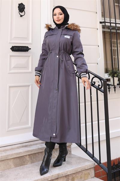 Arma Detaylı Kapşonlu Mont Gri 19268