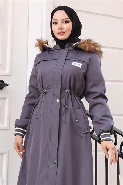 Arma Detaylı Kapşonlu Mont Gri 19268