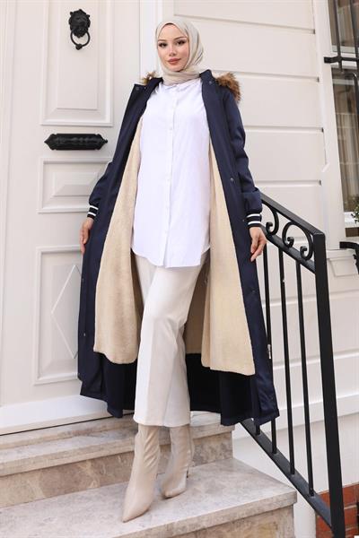 Arma Detaylı Kapşonlu Mont Lacivert 19268