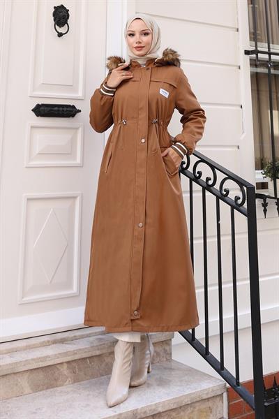 Arma Detaylı Kapşonlu Mont Taba 19268