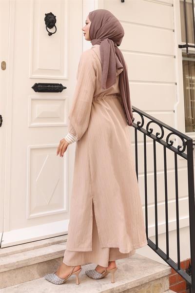 Beli Bağcıklı Kapşonlu Takım Bej 19236