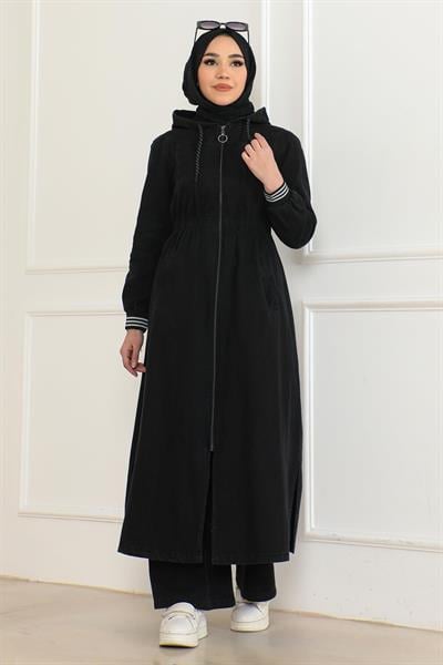 Beli Lastikli Kapşonlu Kot Takım Siyah 19362