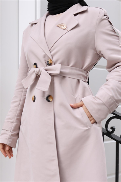 Broş Detaylı Düğmeli Trençkot Bej 19371