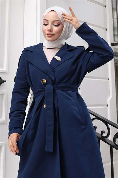 Broş Detaylı Düğmeli Trençkot İndigo 19371