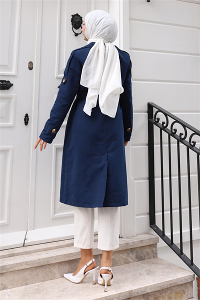 Broş Detaylı Düğmeli Trençkot İndigo 19371