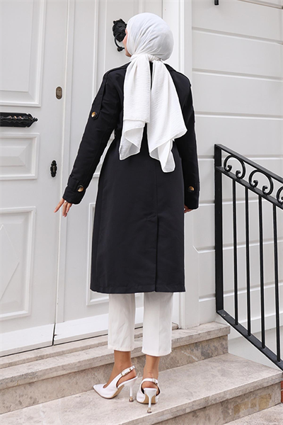 Broş Detaylı Düğmeli Trençkot Siyah 19371