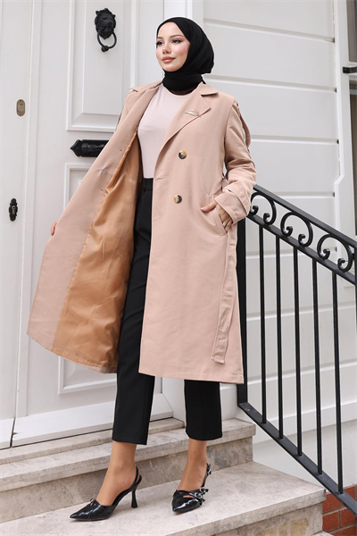 Broş Detaylı Düğmeli Trençkot Vizon 19371