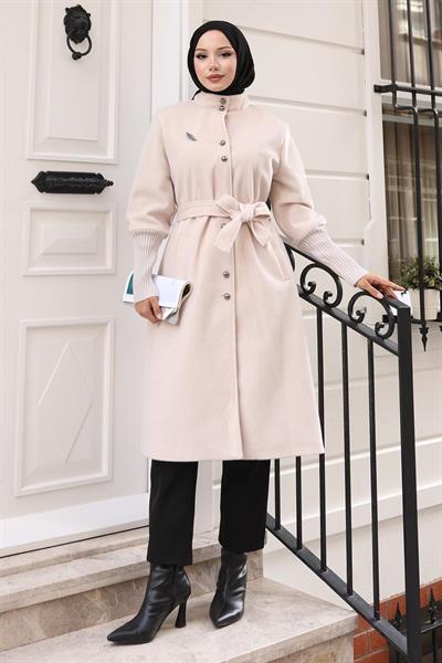 Broş Detaylı Kaban Bej 19279