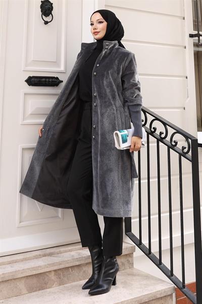 Broş Detaylı Kaban Gri 19279