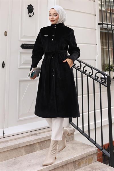Broş Detaylı Kaban Siyah 19279
