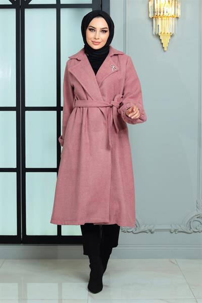 Broş Detaylı Kaşe Kaban Gül Kurusu 19171