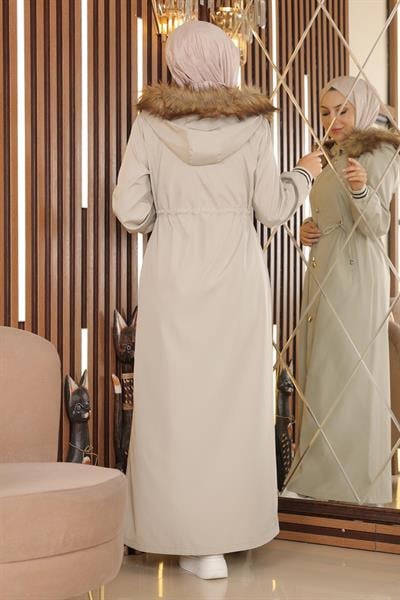 Büyük Beden Kapşonlu Ribanalı Mont Bej 15500