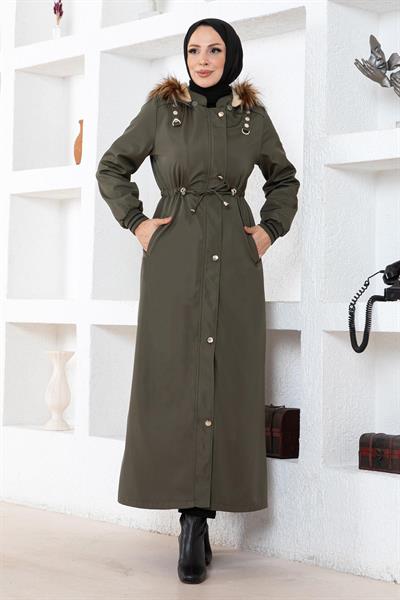 Büyük Beden Kapşonlu Ribanalı Mont Haki 15500