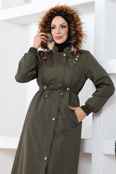 Büyük Beden Kapşonlu Ribanalı Mont Haki 15500