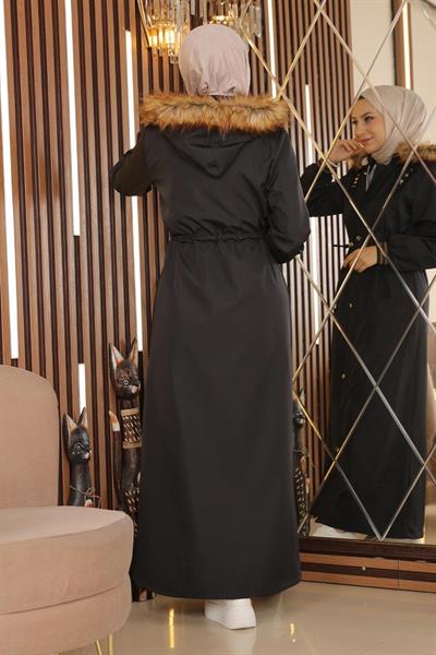 Büyük Beden Kapşonlu Ribanalı Mont Siyah 15500