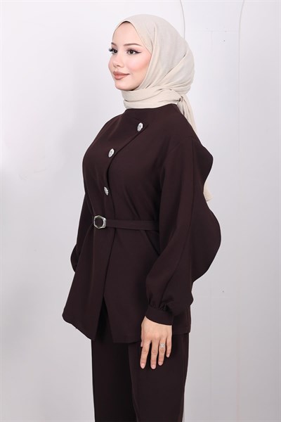 Çapraz Düğmeli İkili Takım Kahverengi 19288