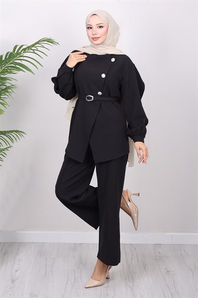 Çapraz Düğmeli İkili Takım Siyah 19288