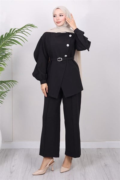 Çapraz Düğmeli İkili Takım Siyah 19288