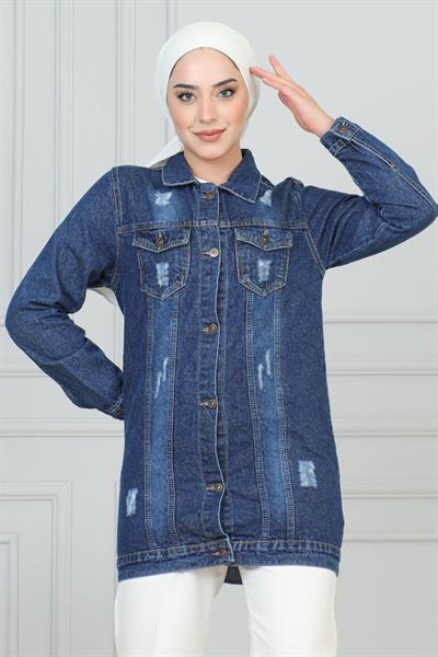 Cebi Lazer Detaylı Kot Ceket Koyu Mavi 6095