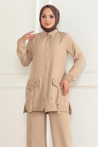Cep Detaylı Takım Bej 19229